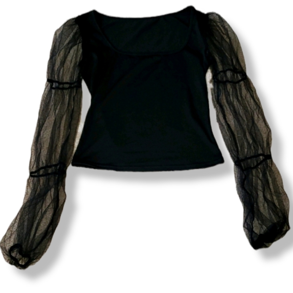 Black Sheer long sleeve puff sleeve top - Picture 3 of 7
